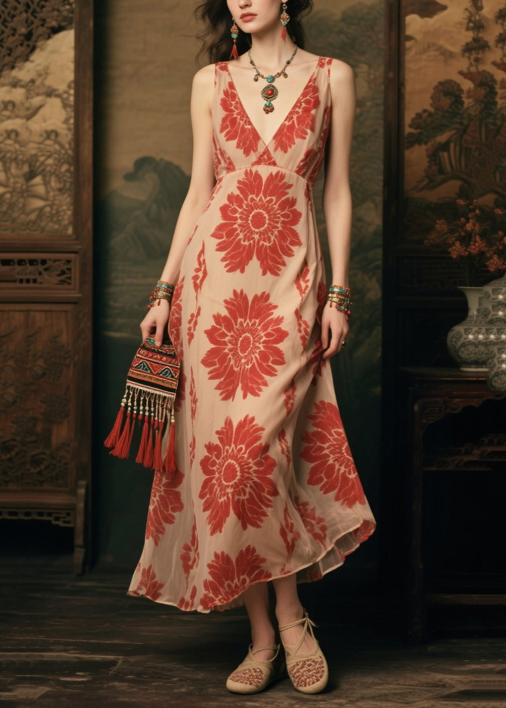 Classy Apricot Print Chiffon Beach Dress Summer