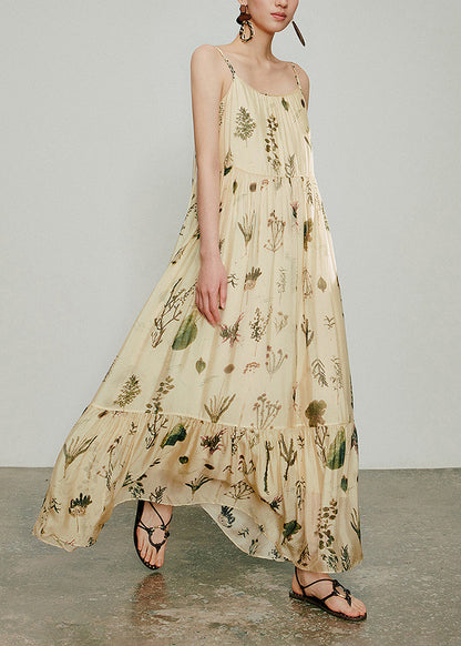 Classy Apricot Print Spaghetti Strap Dress Summer