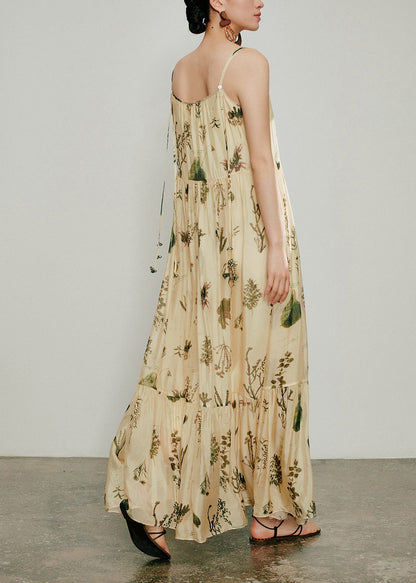 Classy Apricot Print Spaghetti Strap Dress Summer