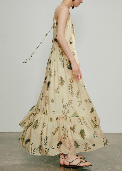 Classy Apricot Print Spaghetti Strap Dress Summer