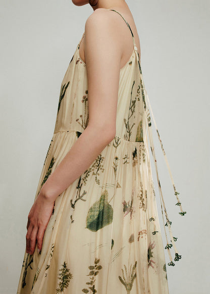 Classy Apricot Print Spaghetti Strap Dress Summer