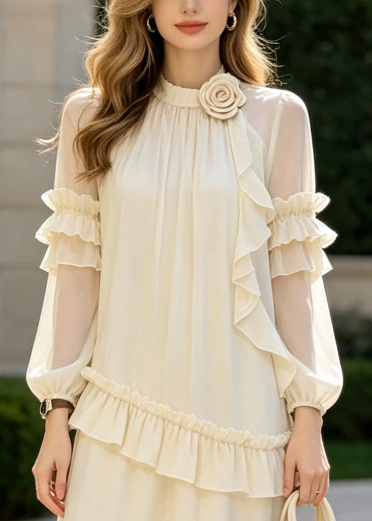Classy Apricot Ruffled Floral Chiffon Long Dresses Summer