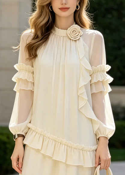Classy Apricot Ruffled Floral Chiffon Long Dresses Summer