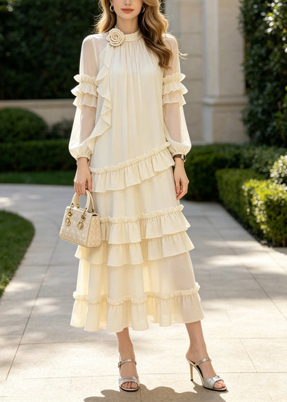 Classy Apricot Ruffled Floral Chiffon Long Dresses Summer