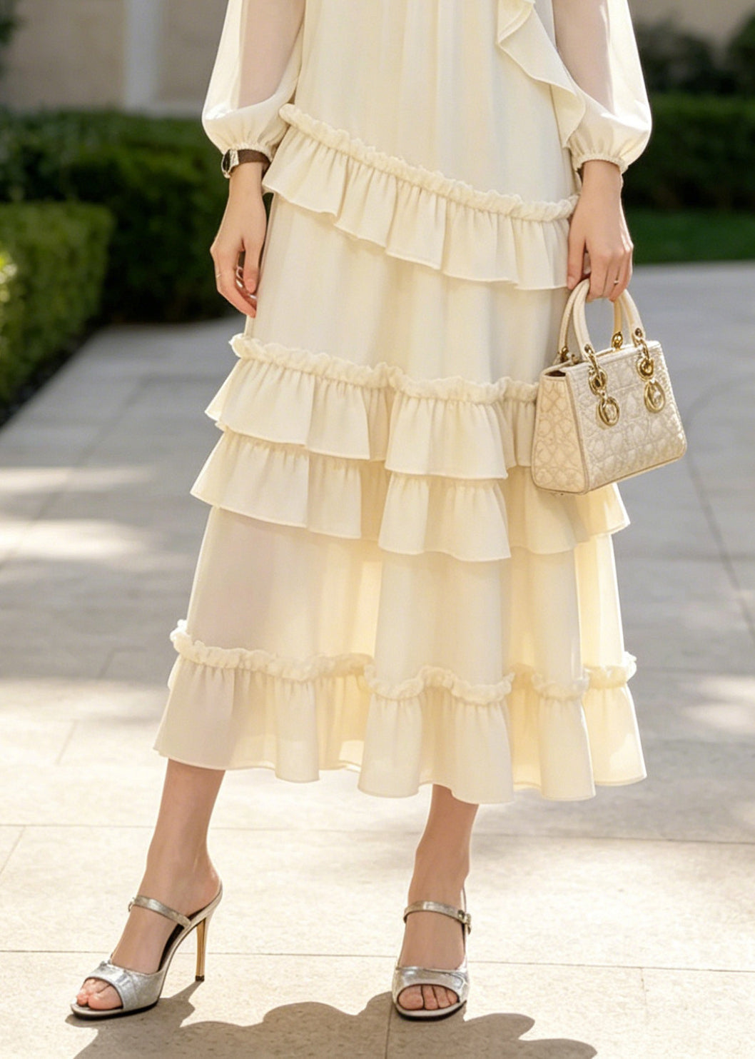Classy Apricot Ruffled Floral Chiffon Long Dresses Summer