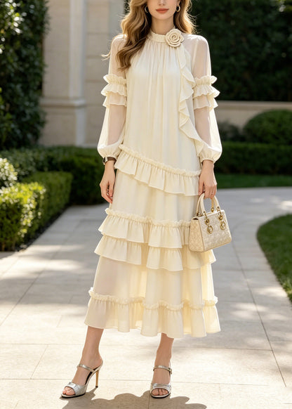 Classy Apricot Ruffled Floral Chiffon Long Dresses Summer