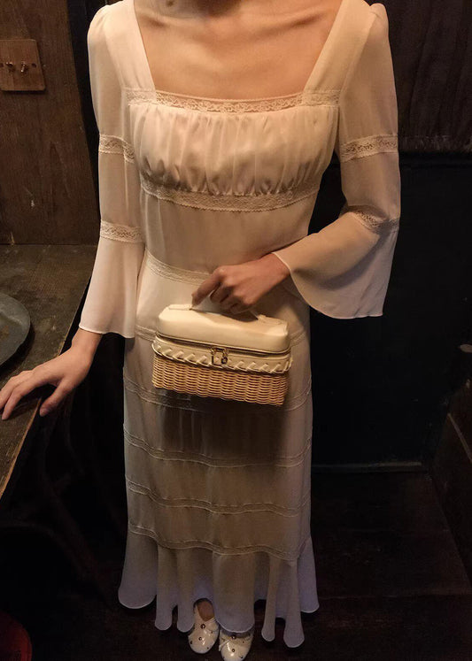 Classy Apricot Square Collar Lace Patchwork Long Dress Flare Sleeve