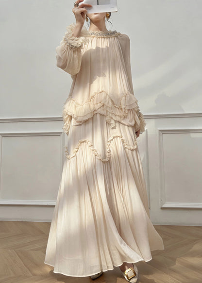Classy Apricot Turtleneck Wrinkled Silk Shirt And Maxi Skirts Spring