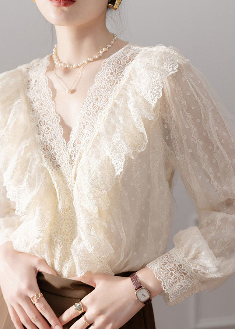 Classy Apricot V Neck Lace Patchwork Chiffon Shirt Fall