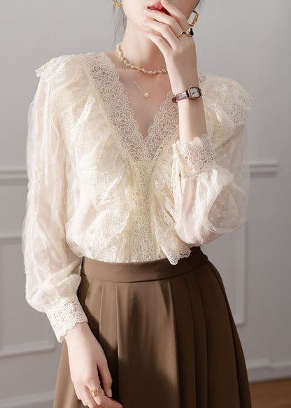 Classy Apricot V Neck Lace Patchwork Chiffon Shirt Fall