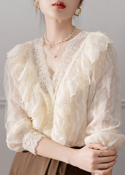 Classy Apricot V Neck Lace Patchwork Chiffon Shirt Fall