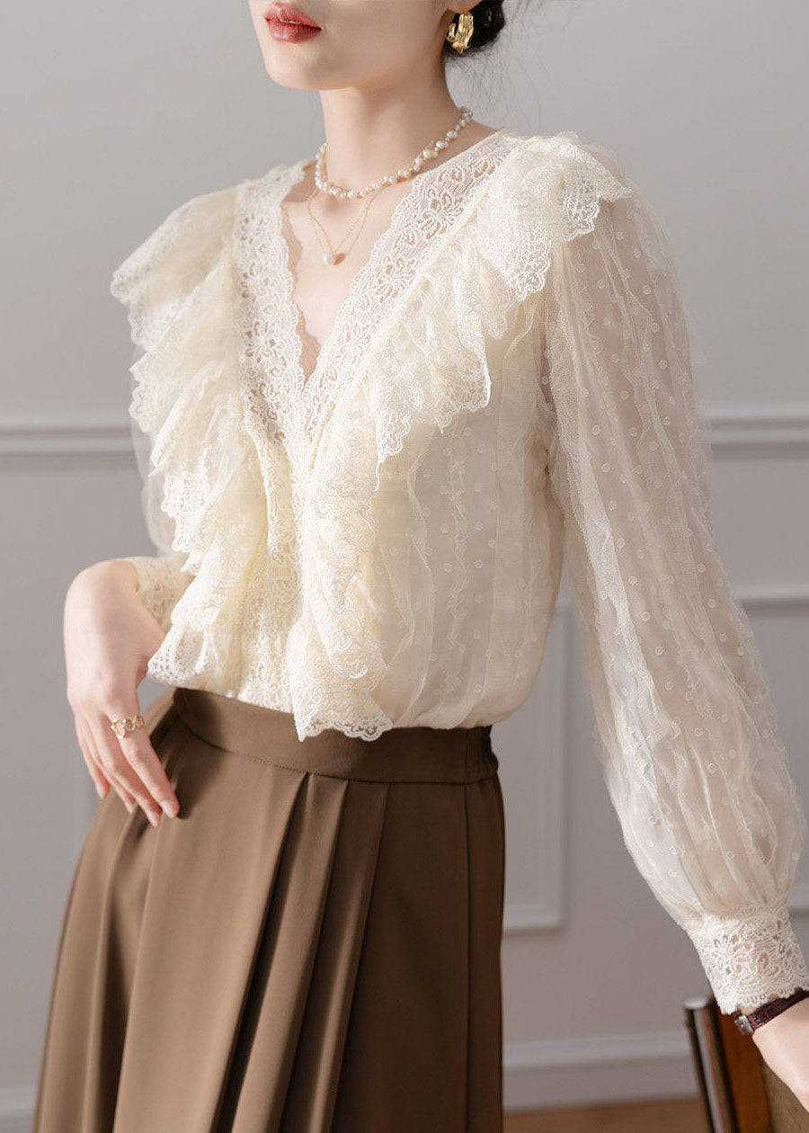 Classy Apricot V Neck Lace Patchwork Chiffon Shirt Fall
