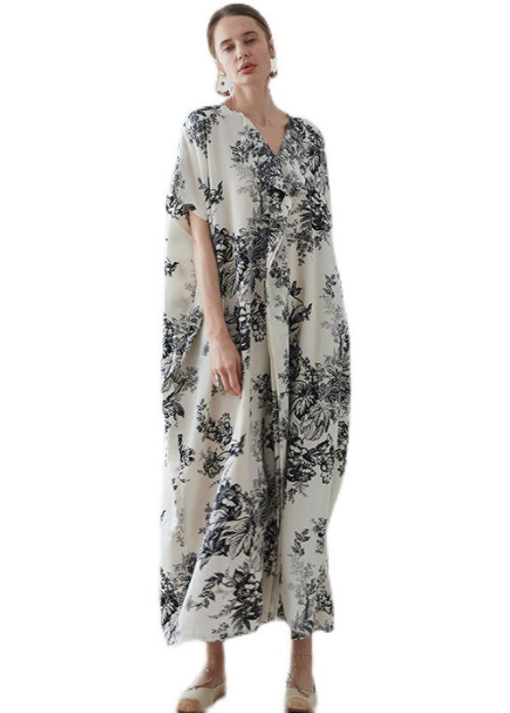 Classy Apricot V Neck Print Patchwork Cotton Robe Dresses Summer