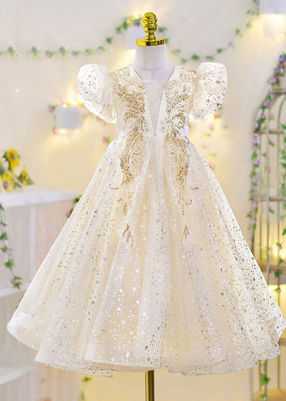 Classy Apricot V Neck Sequins Tulle Girls Maxi Gowns Dresses Short Sleeve