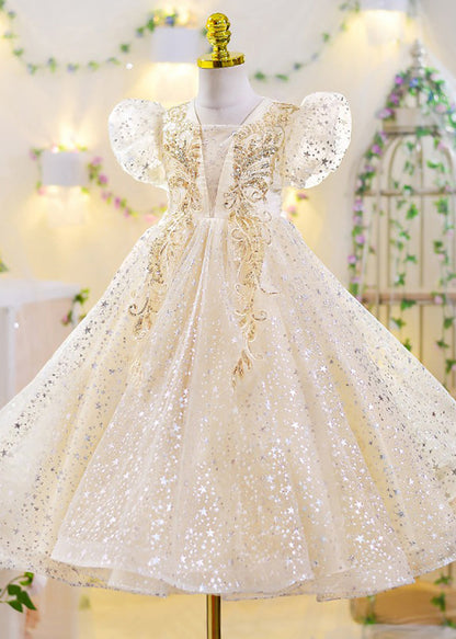 Classy Apricot V Neck Sequins Tulle Girls Maxi Gowns Dresses Short Sleeve