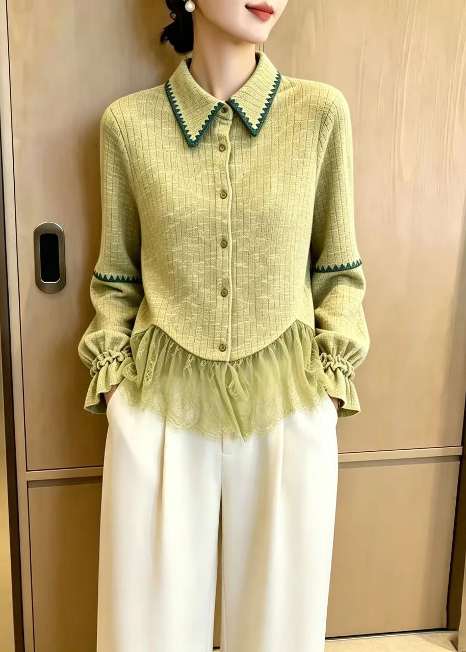 Classy Avocado Green Turn-Down Collar Tulle Patchwork Knit Cardigan Flare Sleeve
