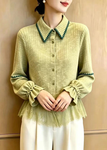 Classy Avocado Green Turn-Down Collar Tulle Patchwork Knit Cardigan Flare Sleeve
