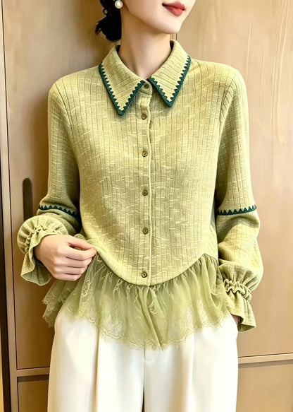 Classy Avocado Green Turn-Down Collar Tulle Patchwork Knit Cardigan Flare Sleeve
