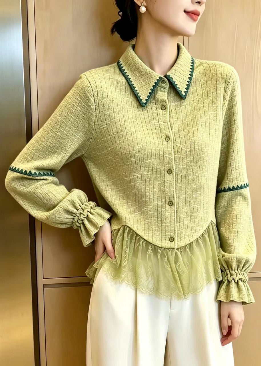Classy Avocado Green Turn-Down Collar Tulle Patchwork Knit Cardigan Flare Sleeve