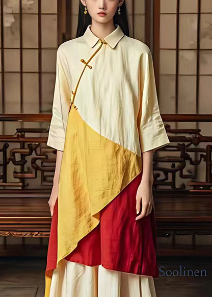 Classy Beige Button Patchwork Cotton Dress Bracelet Sleeve