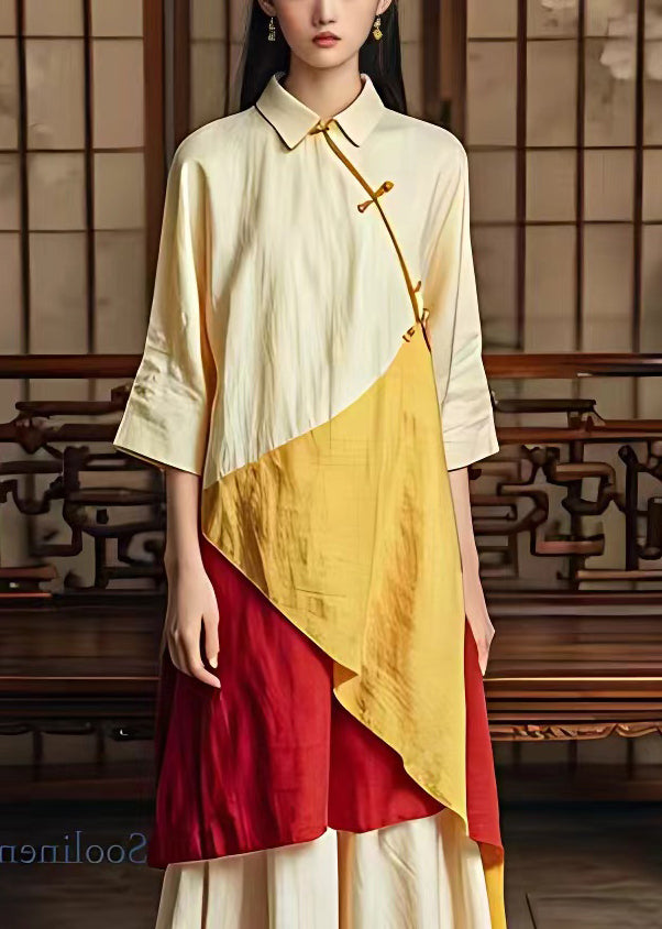 Classy Beige Button Patchwork Cotton Dress Bracelet Sleeve