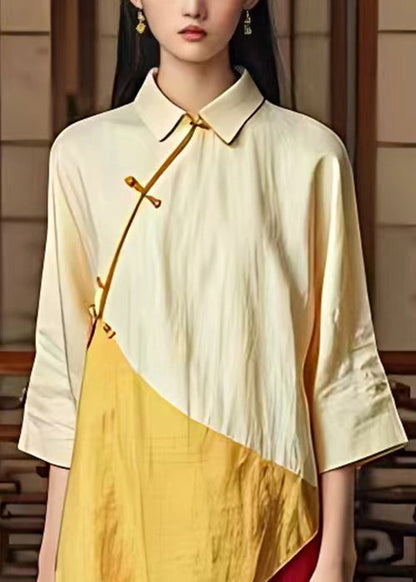 Classy Beige Button Patchwork Cotton Dress Bracelet Sleeve