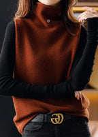 Classy Beige Hign Neck Patchwork Woolen Knit Vest Sleeveless