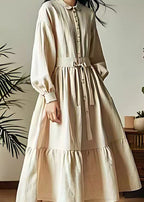 Classy Beige Lace Up Button Wrinkled Cotton Dresses Long Sleeve
