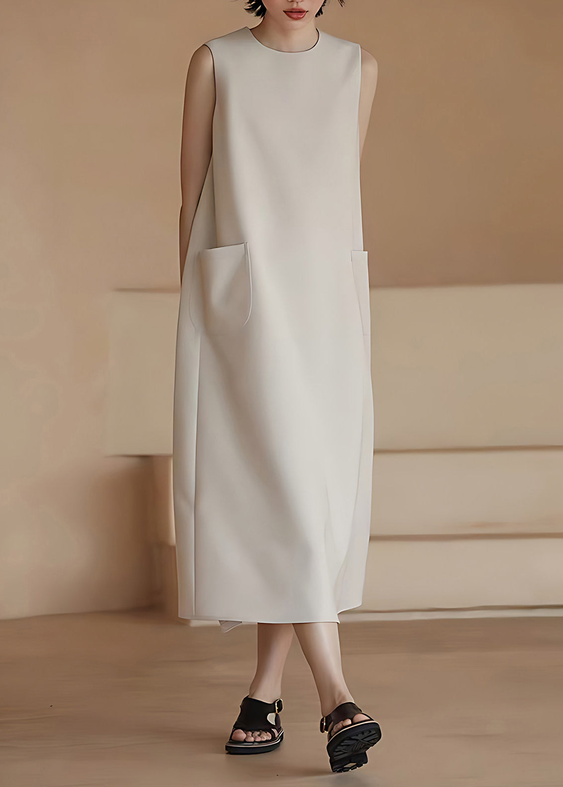Classy Beige O-Neck Draping Pockets Dress Sleeveless