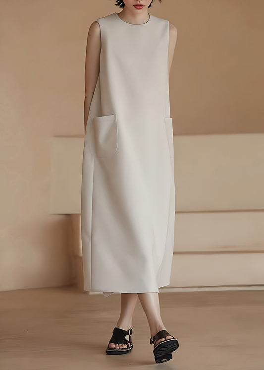 Classy Beige O-Neck Draping Pockets Dress Sleeveless