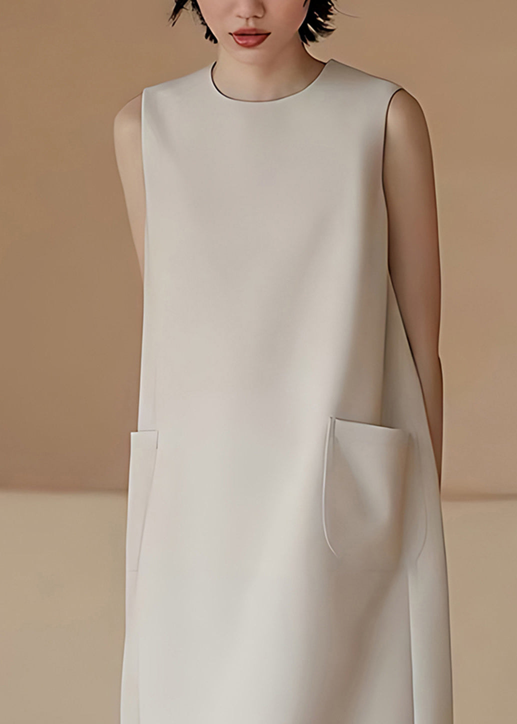 Classy Beige O-Neck Draping Pockets Dress Sleeveless