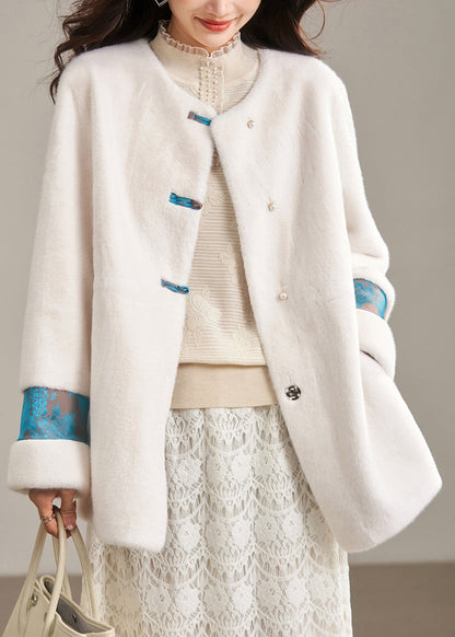 Classy Beige O-Neck Patchwork Leather And Fur Coat Winter