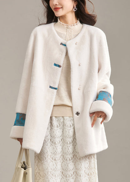 Classy Beige O-Neck Patchwork Leather And Fur Coat Winter