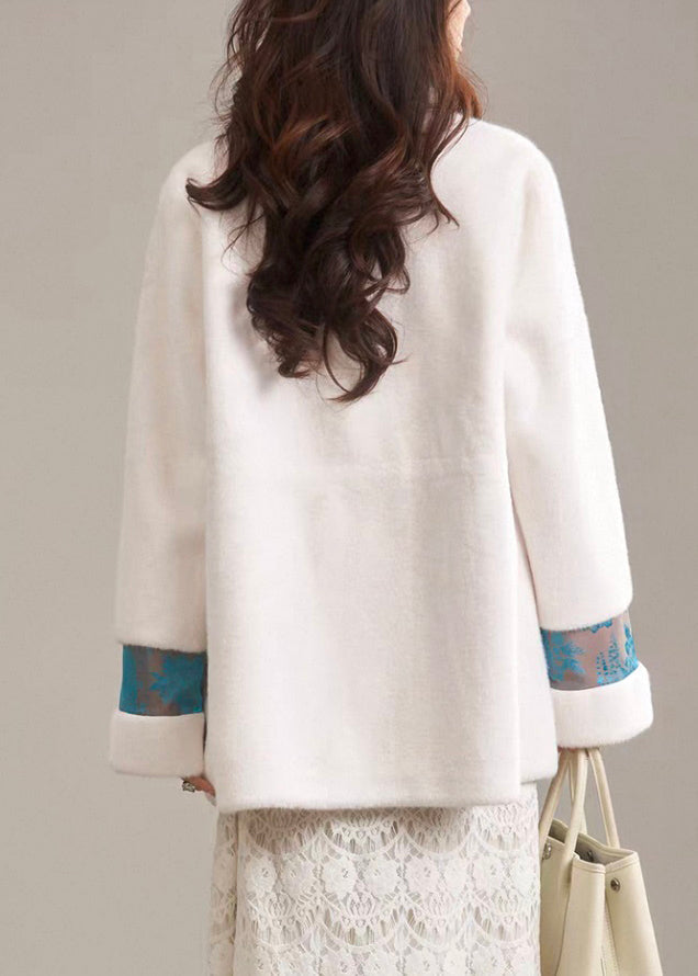 Classy Beige O-Neck Patchwork Leather And Fur Coat Winter