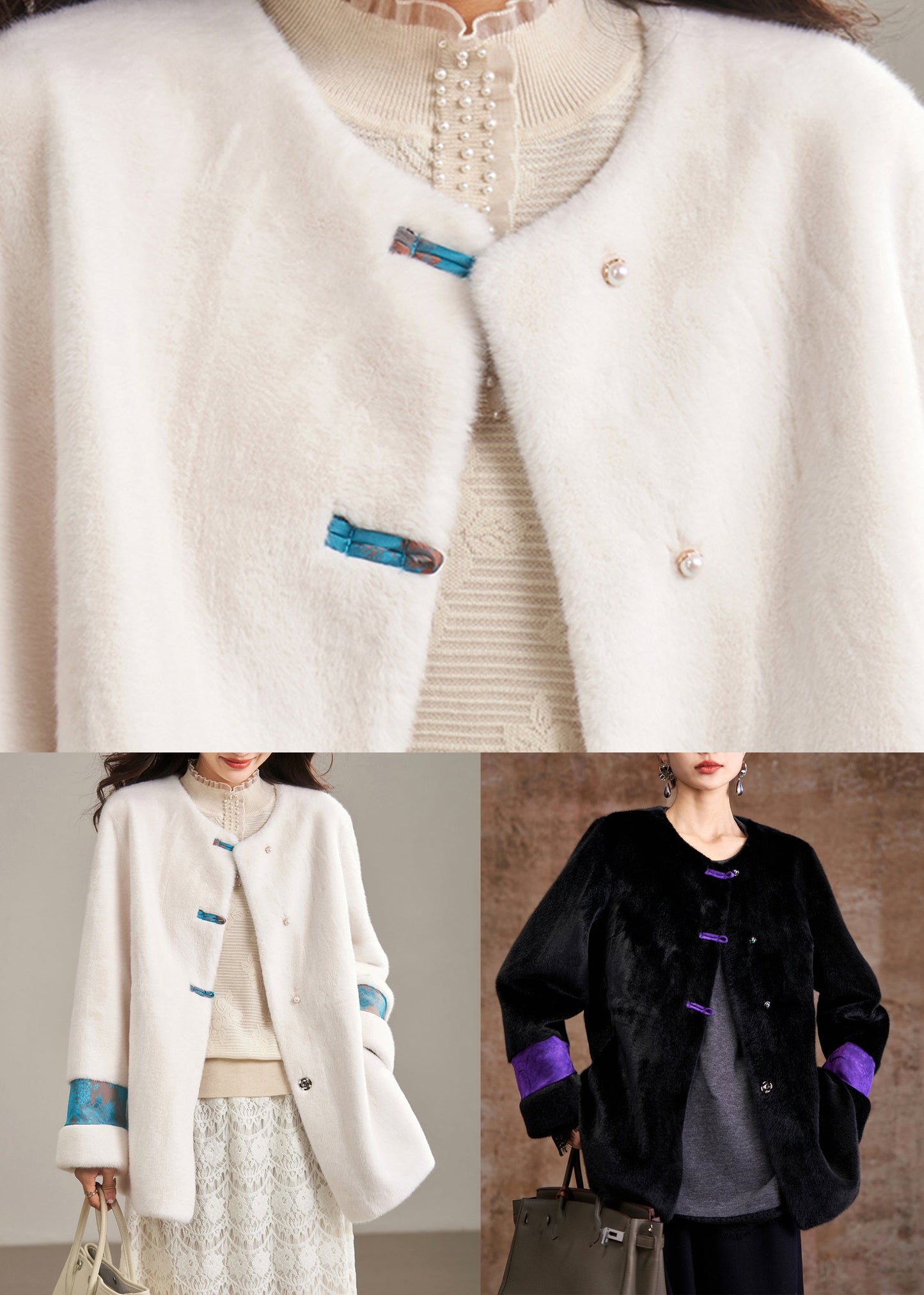 Classy Beige O-Neck Patchwork Leather And Fur Coat Winter