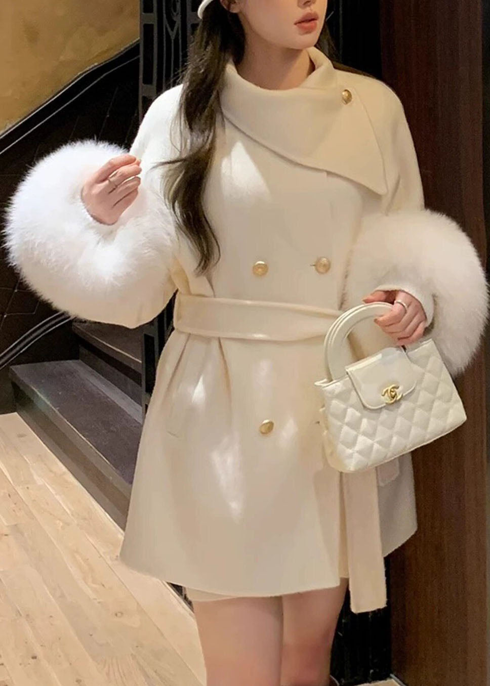 Classy Beige Patchwork Tie Waist Woolen Coats Fall