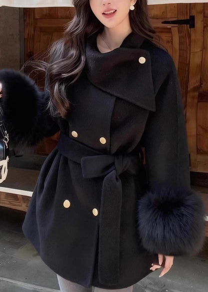 Classy Beige Patchwork Tie Waist Woolen Coats Fall