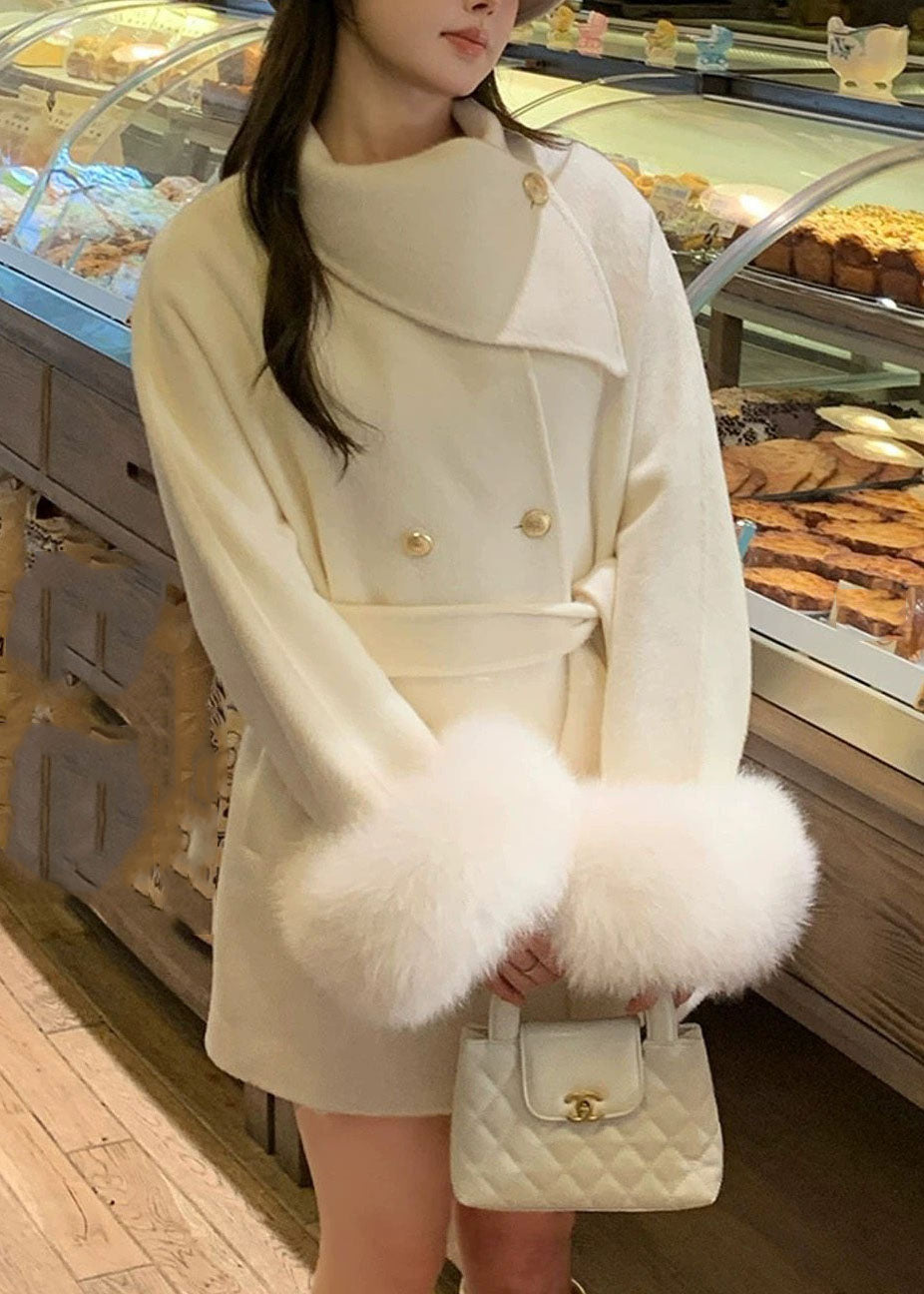 Classy Beige Patchwork Tie Waist Woolen Coats Fall