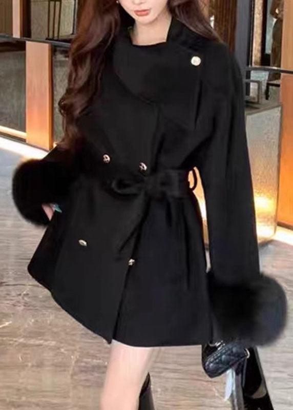Classy Beige Patchwork Tie Waist Woolen Coats Fall