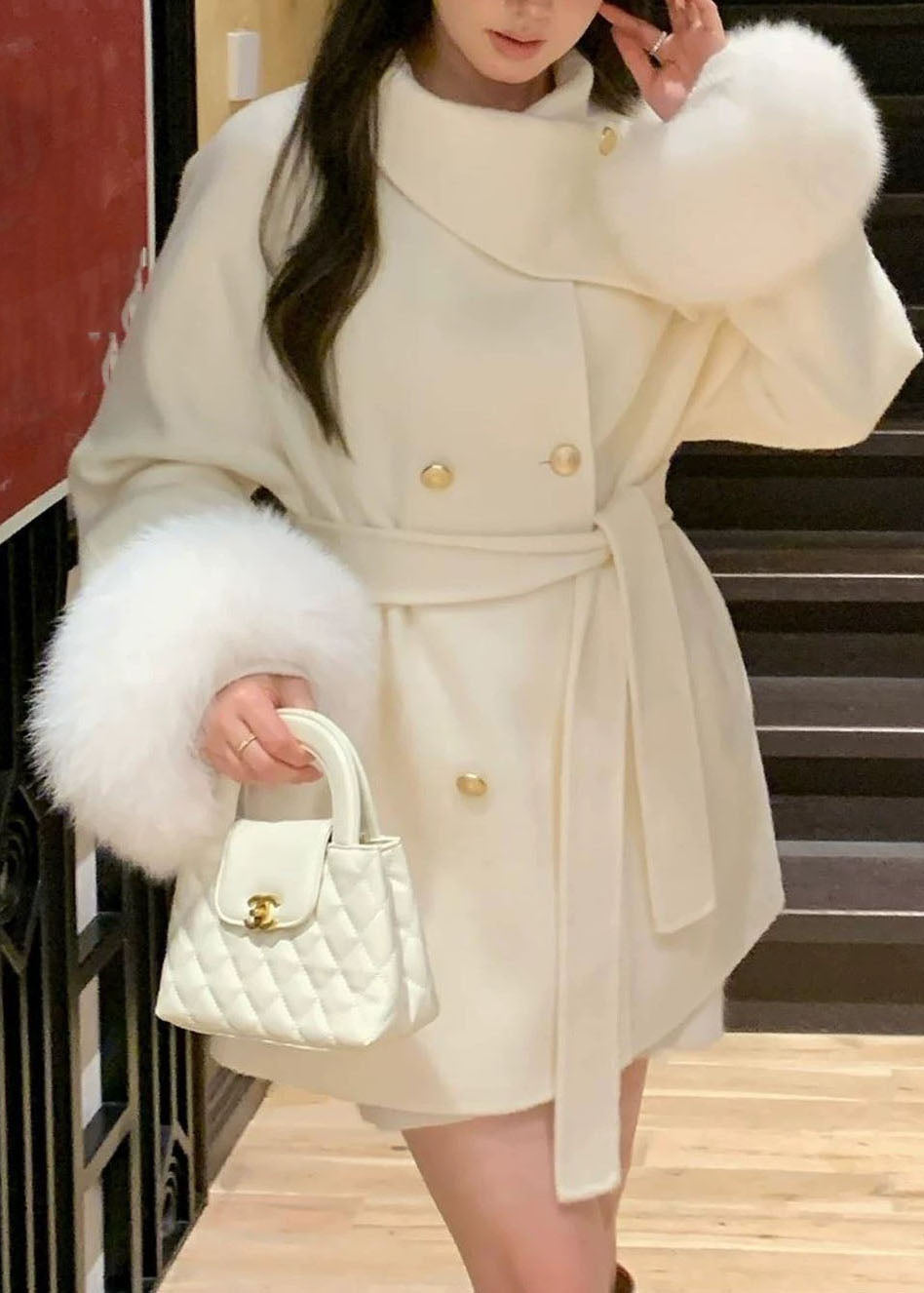 Classy Beige Patchwork Tie Waist Woolen Coats Fall
