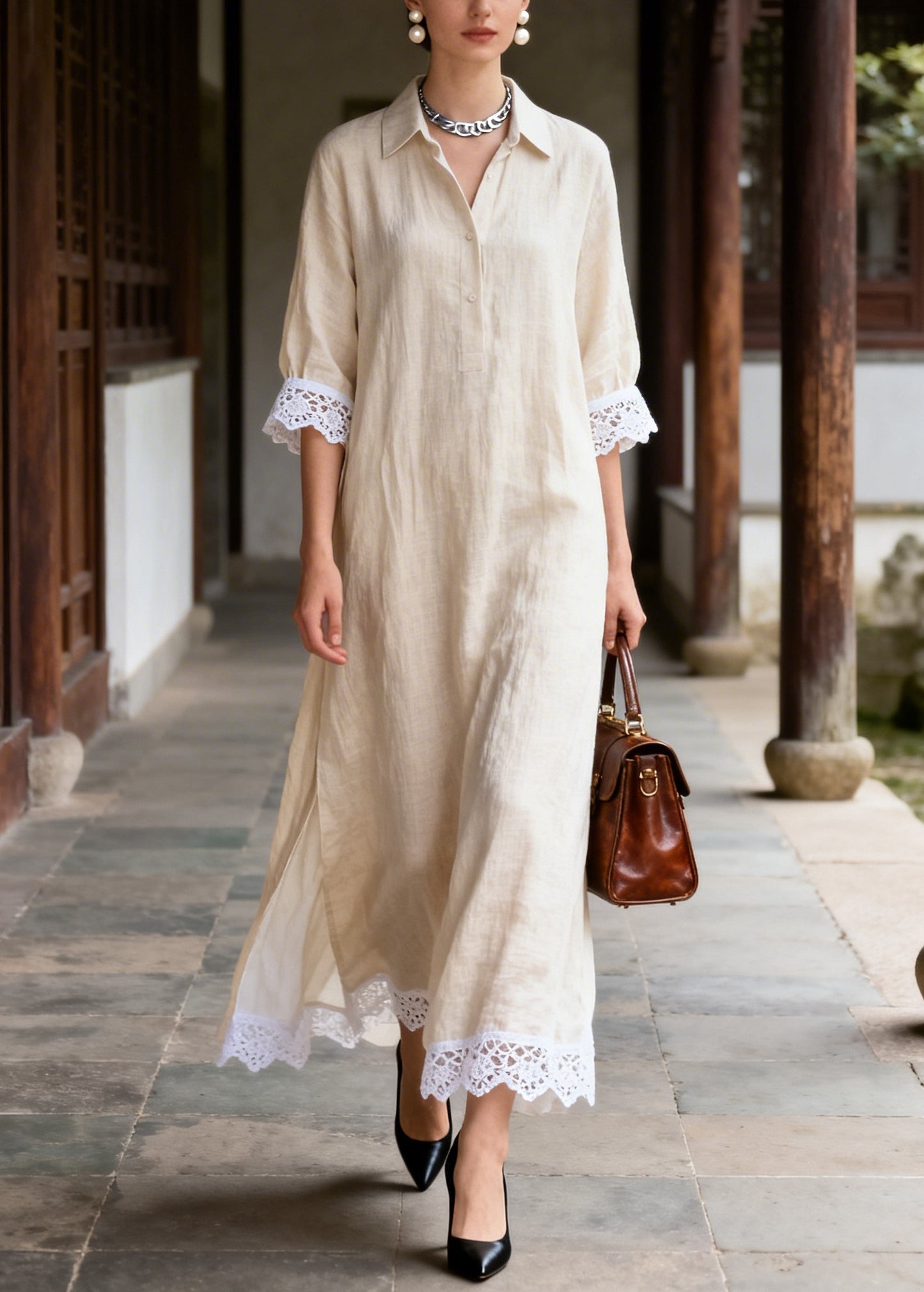 Classy Beige Peter Pan Collar Patchwork Lace Long Dresses Summer