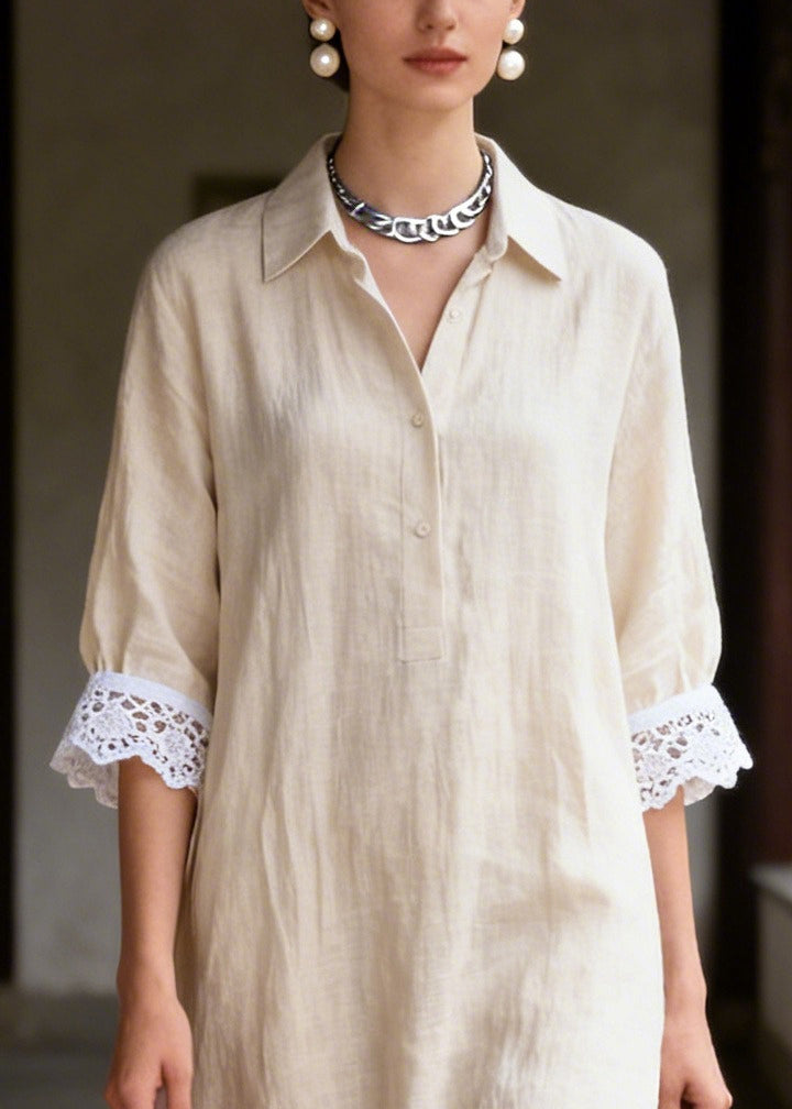 Classy Beige Peter Pan Collar Patchwork Lace Long Dresses Summer