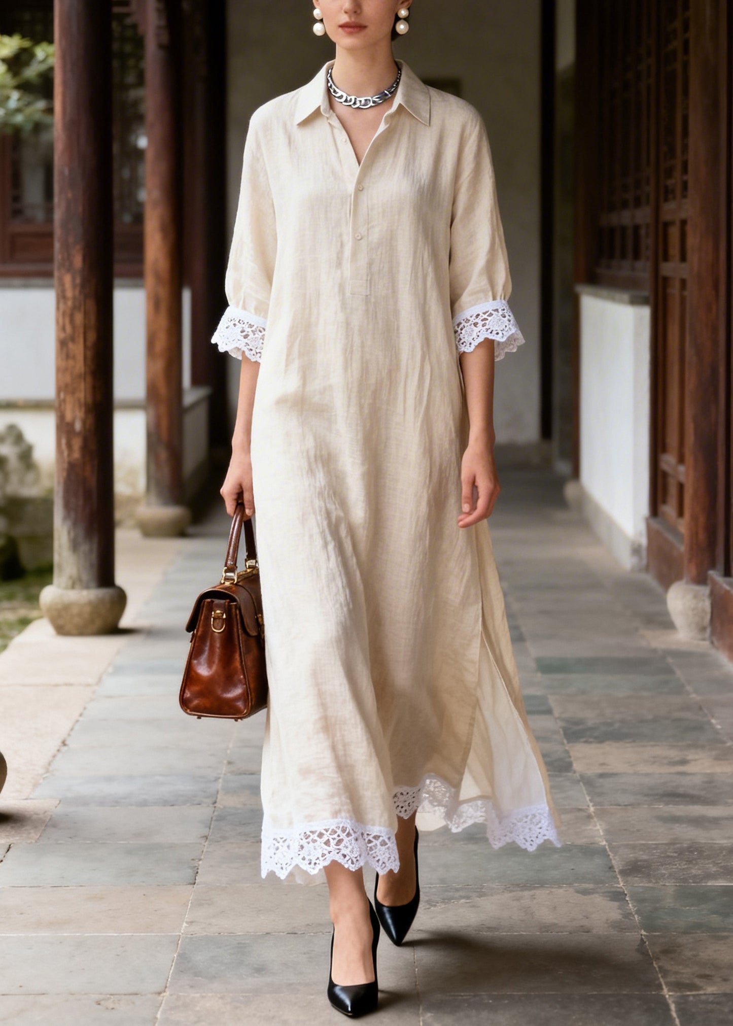 Classy Beige Peter Pan Collar Patchwork Lace Long Dresses Summer