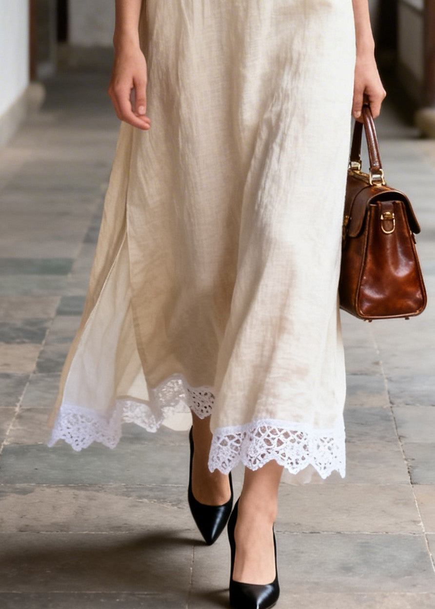 Classy Beige Peter Pan Collar Patchwork Lace Long Dresses Summer