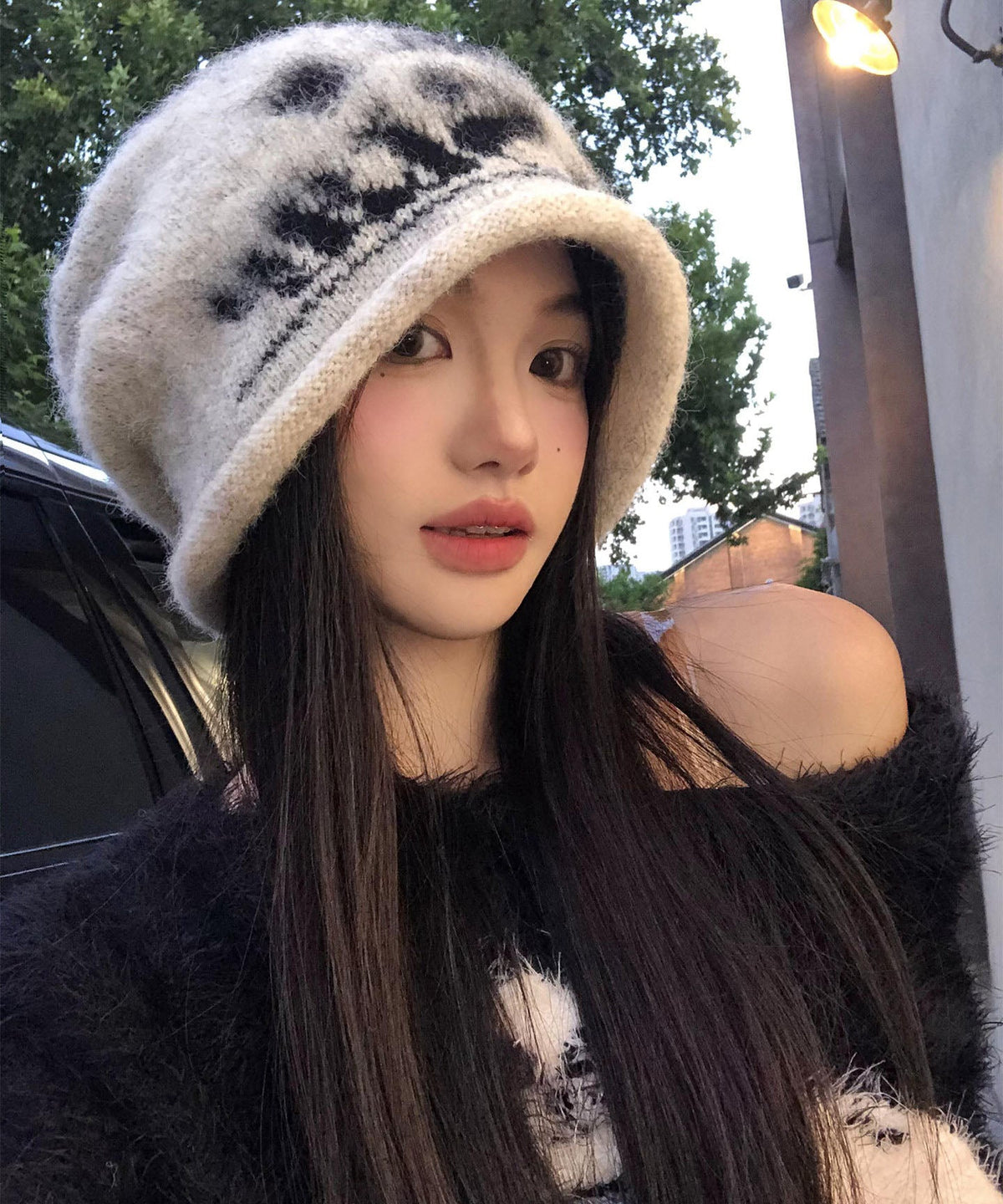 Classy Beige Print Warm Knit Bonnie Hat
