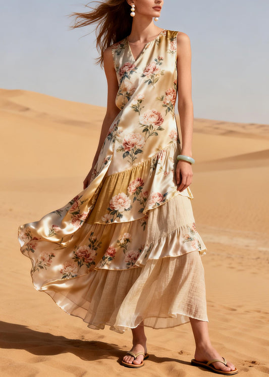 Classy Beige Ruffled Patchwork Print Silk Vacation Dresses Summer