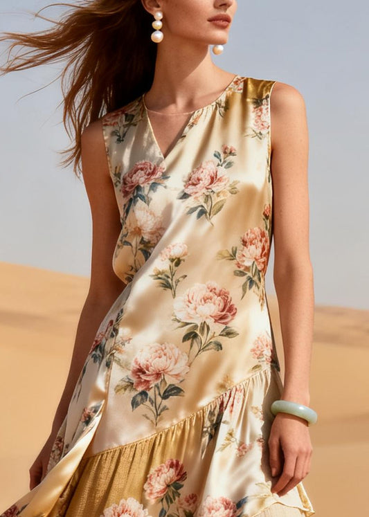 Classy Beige Ruffled Patchwork Print Silk Vacation Dresses Summer