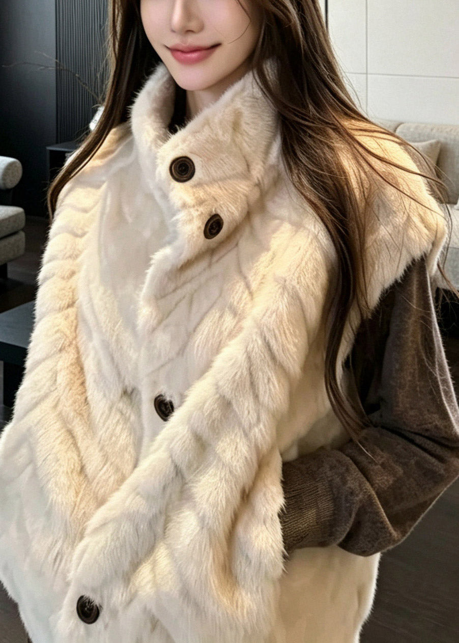 Classy Beige Stand Collar Button Faux Fur Waistcoat Sleeveless
