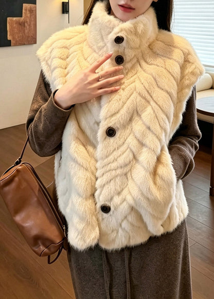 Classy Beige Stand Collar Button Faux Fur Waistcoat Sleeveless