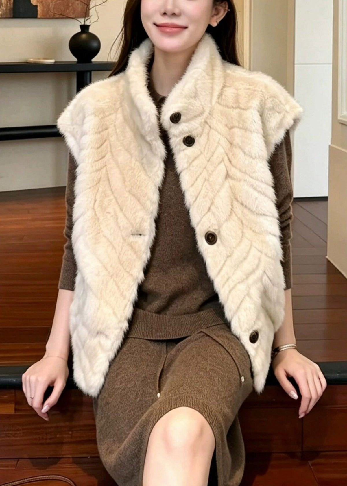 Classy Beige Stand Collar Button Faux Fur Waistcoat Sleeveless